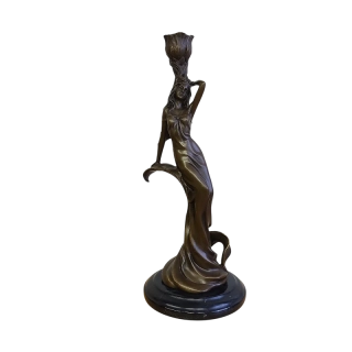 Bronzový svícen Art Nouveau – signováno Milo, patinovaný bronz na mramorové podstavě